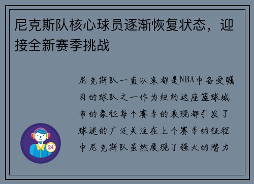 尼克斯队核心球员逐渐恢复状态，迎接全新赛季挑战